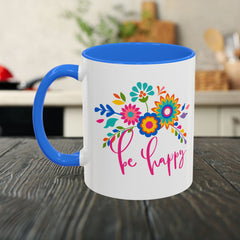 Be Happy Floral Mug — Colorful 11oz & 15oz Ceramic Coffee Mug