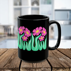 Black Floral Mug — Pink Retro Flowers on Black Coffee Cup (11oz & 15oz)