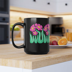 Black Floral Mug — Pink Retro Flowers on Black Coffee Cup (11oz & 15oz)