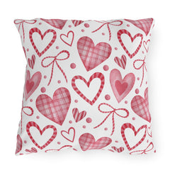 Valentine Heart Pattern Outdoor Pillow — Pink Watercolor Hearts Throw Cushion