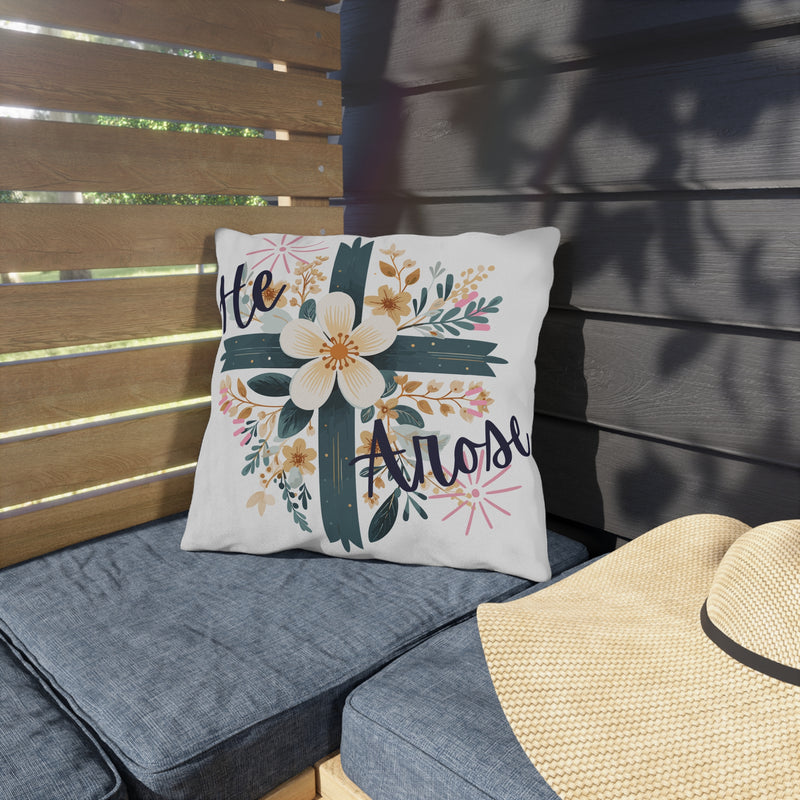 He Arose Outdoor Pillow — Floral Cross Easter Decorative Cushion