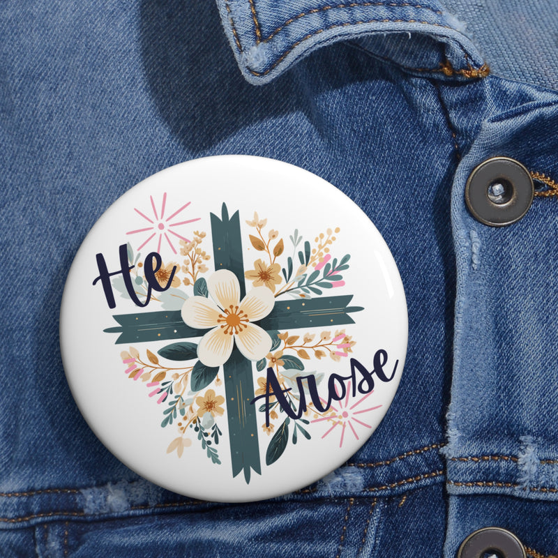 He Arose Cross Floral Pin Button — Christian Easter Lapel Badge