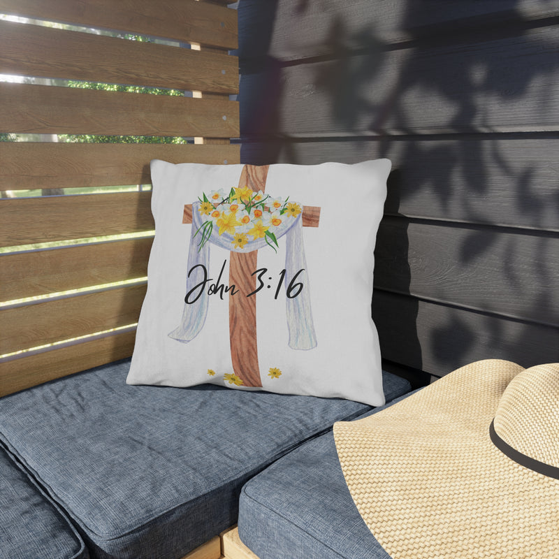 John 3:16 Cross with Daffodils Christian Decor Throw Pillow