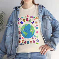 Earth Day Graphic Tee — 'World Earth' Cute Globe & Flowers T-Shirt