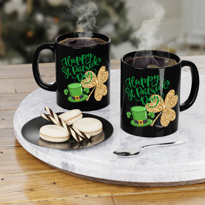 Happy St. Patrick's Day Coffee Mug — Black 11oz with Shamrock & Leprechaun Hat