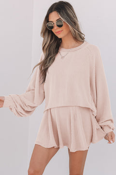 Sky Blue Corded Lantern Sleeve Top High Waist Ruffled Mini Skort Set