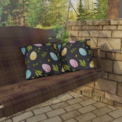 Easter Egg Pattern Outdoor Pillow — Pastel Eggs & Greens on Dark