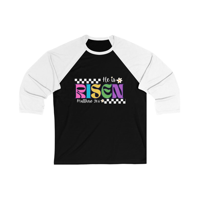 He Is Risen Baseball Tee – Easter Christian Raglan Shirt (Matthew 28:6)