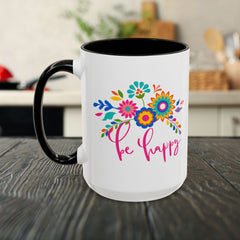 Be Happy Floral Mug — Colorful 11oz & 15oz Ceramic Coffee Mug