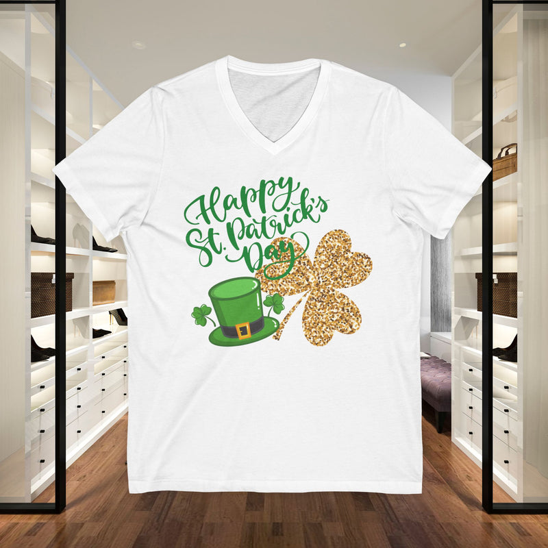 Happy St. Patrick's Day V-Neck Tee — Shamrock & Leprechaun Hat St. Patrick's Shirt