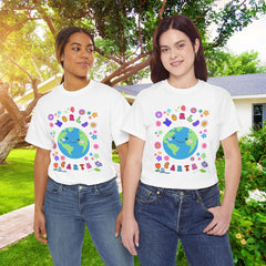 Earth Day Graphic Tee — 'World Earth' Cute Globe & Flowers T-Shirt