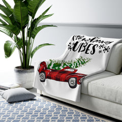 White Christmas Vibes Sherpa Blanket — Plaid Truck & Tree Holiday Throw