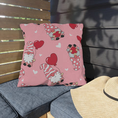 Valentine Gnome Outdoor Pillow — Pink Heart Pattern