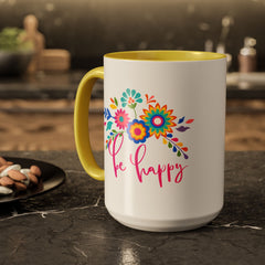 Be Happy Floral Mug — Colorful 11oz & 15oz Ceramic Coffee Mug