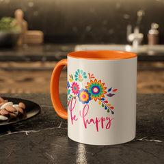 Be Happy Floral Mug — Colorful 11oz & 15oz Ceramic Coffee Mug