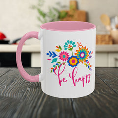 Be Happy Floral Mug — Colorful 11oz & 15oz Ceramic Coffee Mug