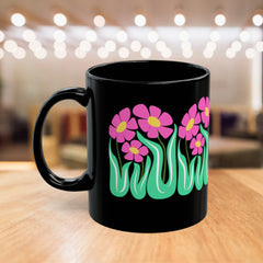 Black Floral Mug — Pink Retro Flowers on Black Coffee Cup (11oz & 15oz)