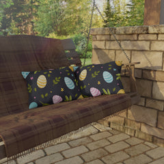 Easter Egg Pattern Outdoor Pillow — Pastel Eggs & Greens on Dark