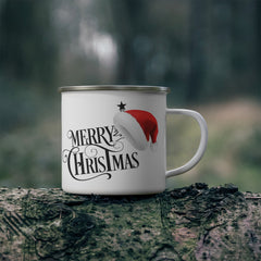 Merry Christmas Enamel Camping Mug — Vintage Script & Santa Hat Holiday Mug