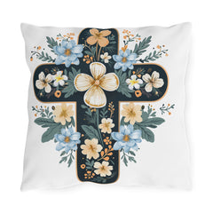 Floral Cross Outdoor Pillow — Blue & Cream Garden Accent