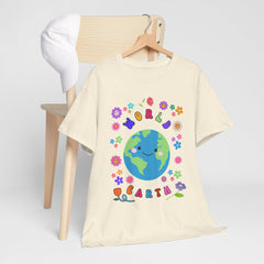 Earth Day Graphic Tee — 'World Earth' Cute Globe & Flowers T-Shirt