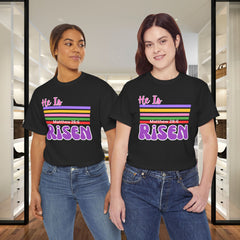 He Is Risen Tee — Retro Stripes Easter Christian T-Shirt