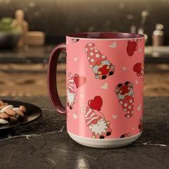 Valentine Gnome Coffee Mug — Pink Heart Pattern 11oz/15oz