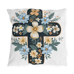 Floral Cross Outdoor Pillow — Blue & Cream Garden Accent