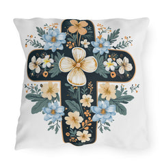Floral Cross Outdoor Pillow — Blue & Cream Garden Accent