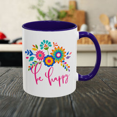 Be Happy Floral Mug — Colorful 11oz & 15oz Ceramic Coffee Mug