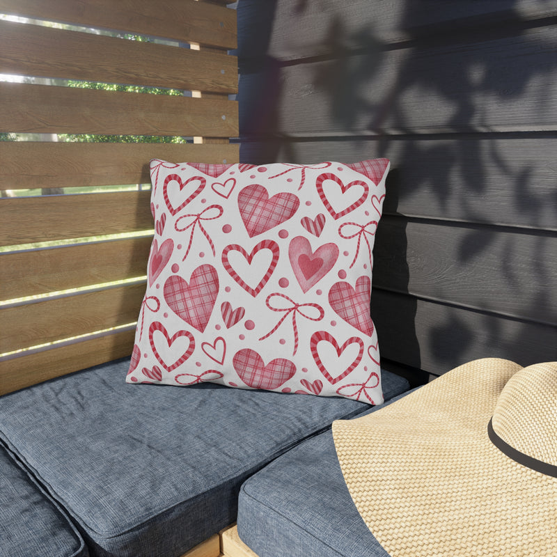 Valentine Heart Pattern Outdoor Pillow — Pink Watercolor Hearts Throw Cushion
