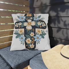 Floral Cross Outdoor Pillow — Blue & Cream Garden Accent