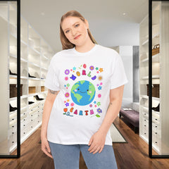 Earth Day Graphic Tee — 'World Earth' Cute Globe & Flowers T-Shirt