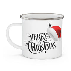 Merry Christmas Enamel Camping Mug — Vintage Script & Santa Hat Holiday Mug