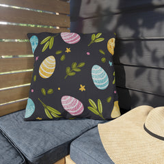 Easter Egg Pattern Outdoor Pillow — Pastel Eggs & Greens on Dark