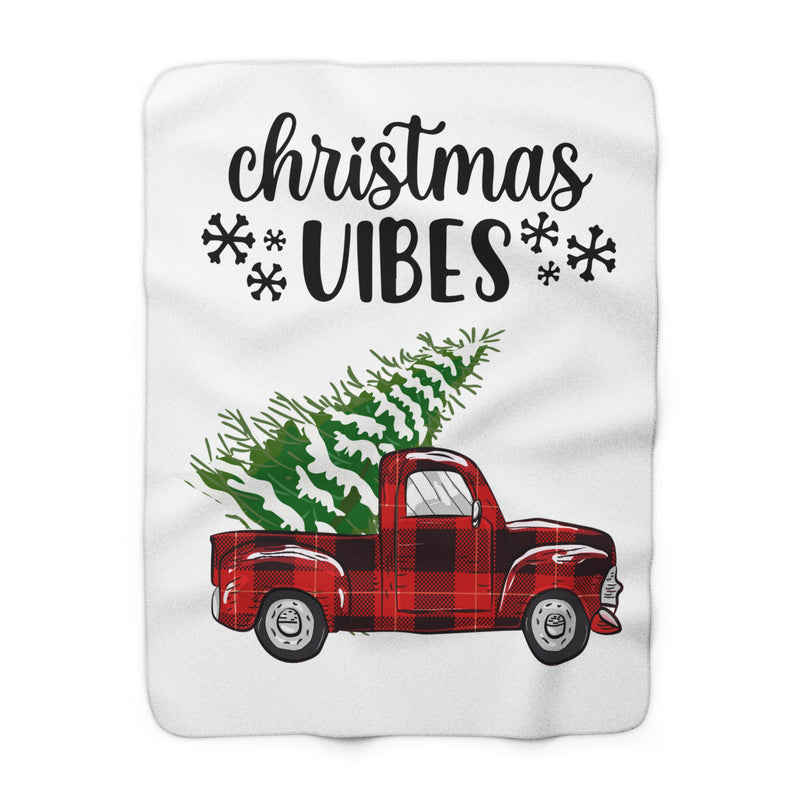 White Christmas Vibes Sherpa Blanket — Plaid Truck & Tree Holiday Throw