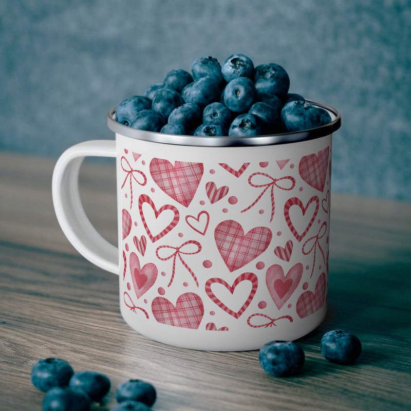 Valentine Heart Pattern Enamel Camping Mug — Pink Plaid Hearts Travel Cup