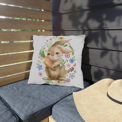 Cute Bunny with Carrot Outdoor Pillow — Watercolor Floral Easter Decor