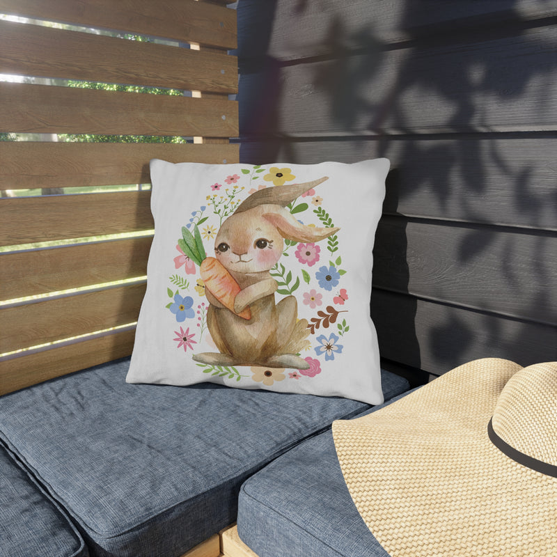 Cute Bunny with Carrot Outdoor Pillow — Watercolor Floral Easter Decor