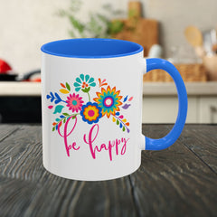 Be Happy Floral Mug — Colorful 11oz & 15oz Ceramic Coffee Mug