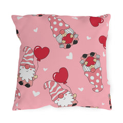 Valentine Gnome Outdoor Pillow — Pink Heart Pattern