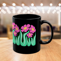 Black Floral Mug — Pink Retro Flowers on Black Coffee Cup (11oz & 15oz)