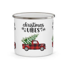 Christmas Vibes Plaid Truck Enamel Camping Mug