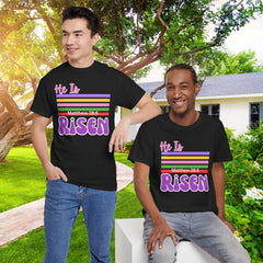 He Is Risen Tee — Retro Stripes Easter Christian T-Shirt