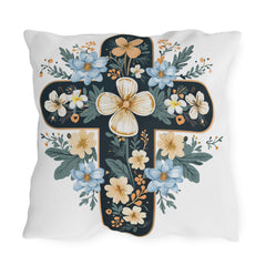 Floral Cross Outdoor Pillow — Blue & Cream Garden Accent