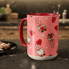 Valentine Gnome Coffee Mug — Pink Heart Pattern 11oz/15oz