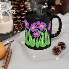 Purple Flower Garden Black Mug — Floral Coffee Cup (11oz/15oz)