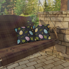 Easter Egg Pattern Outdoor Pillow — Pastel Eggs & Greens on Dark