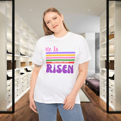 He Is Risen Tee — Retro Stripes Easter Christian T-Shirt