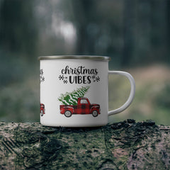 Christmas Vibes Plaid Truck Enamel Camping Mug